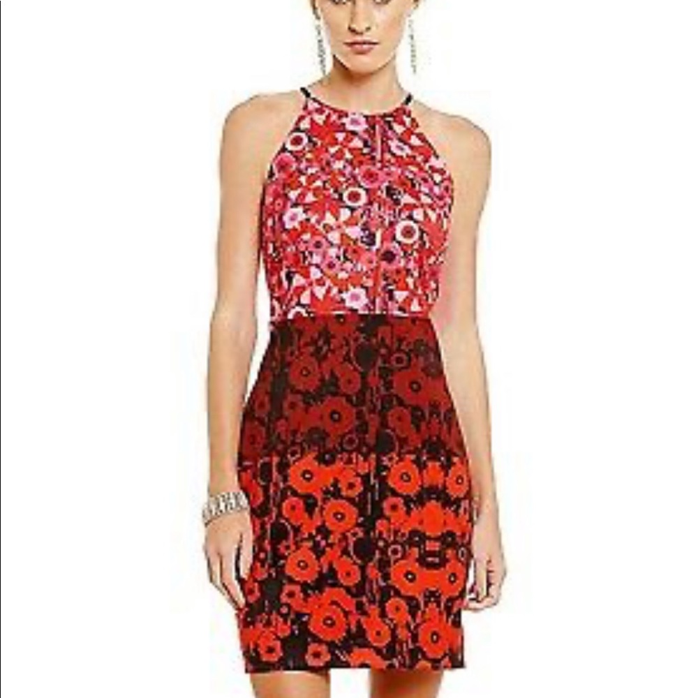 Badgley Mischka Red and Pink Floral Halter Mini Dress